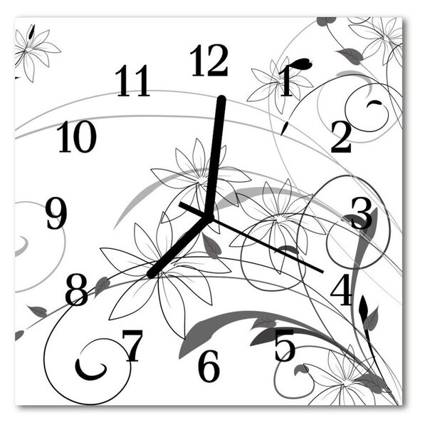 Ceas de perete din sticla pătrat Flori Art Flori & Plante Black & White
