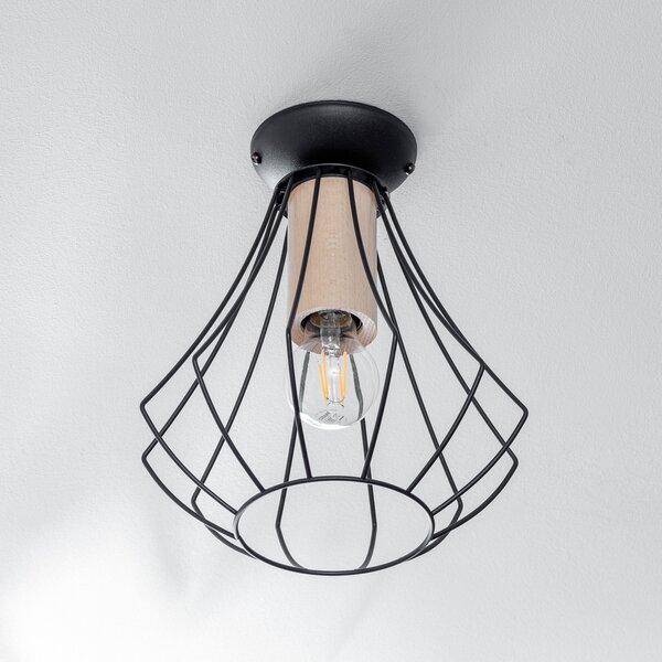 Eko-Light Plafonieră Will, lemn deschis, cușcă neagră, reglabil, Negru, Camera de zi / sufragerie, Metal, Modern