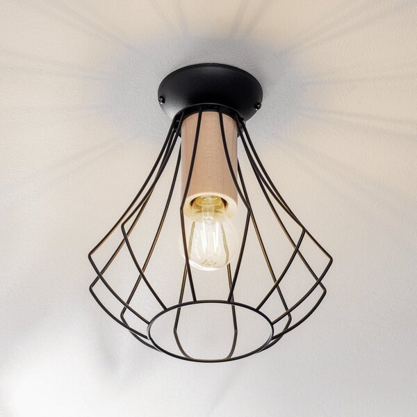 Eko-Light Plafonieră Will, lemn deschis, cușcă neagră, reglabil, Negru, Camera de zi / sufragerie, Metal, Modern