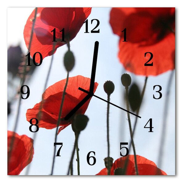 Ceas de perete din sticla pătrat Poppy Flori & Plante Red