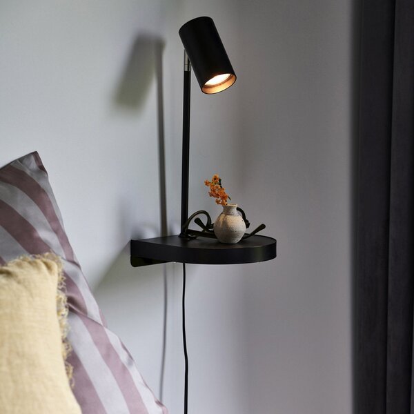 Nordlux Aplică perete Cody, cu raft și port USB, negru, Negru, dormitor, Metal, Modern