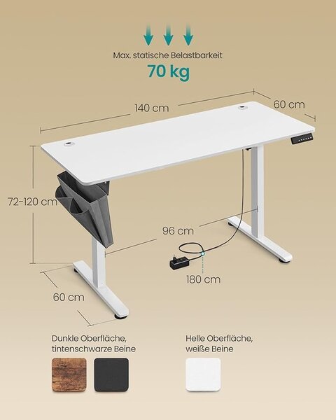 Birou reglabil Vasagle, Alb, LSD134W01V1, 60 x 140 x (72-120) cm