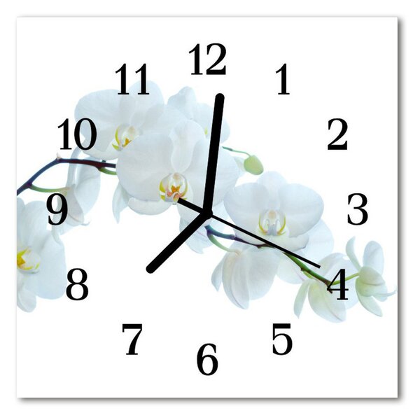 Ceas de perete din sticla pătrat Orchid Flori & Plante alb