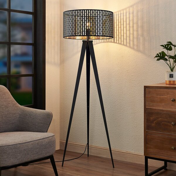 Lindby lampadar Thoralf, trepied, negru, textil, Ø50cm, Negru, Camera de zi / sufragerie, Metal, Umbrelă în picioare