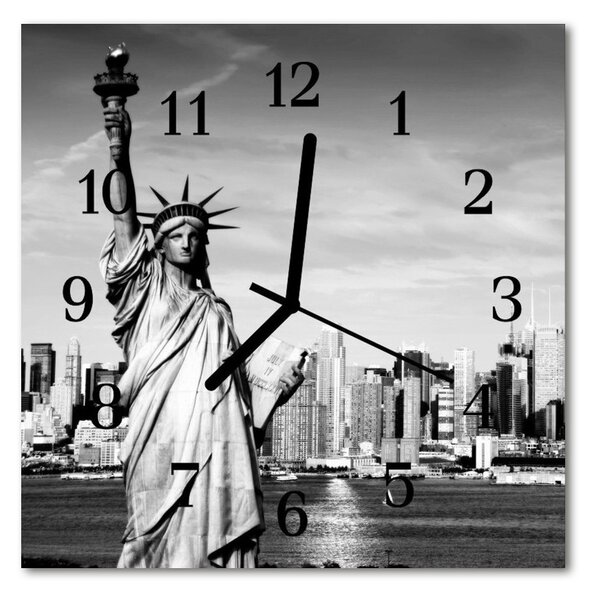 Ceas de perete din sticla pătrat Statuia lui Liberty City Black & White