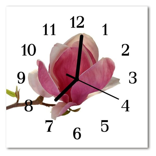 Ceas de perete din sticla pătrat Magnolia Blossom Flori și plante roz