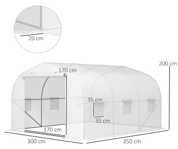Outsunny Seră Tunel pentru Grădină cu 6 Ferestruici și Ușă Rulantă, Seră pentru Grădină din Oțel, 3,5x3x2 m, Alb | Aosom Romania