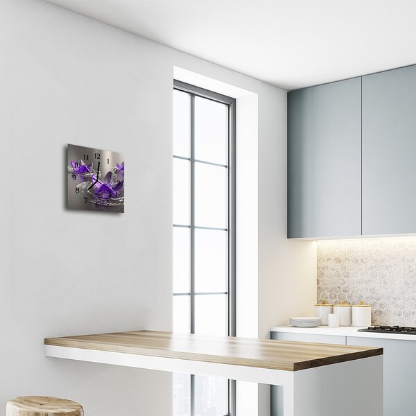 Ceas de perete din sticla pătrat Sticla Flori Art Violet