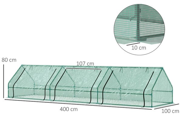 Outsunny Seră pentru Grădină Impermeabilă și Rezistentă la UV cu 3 Ferestre Rulante, 400x100x80 cm, Verde | Aosom Romania