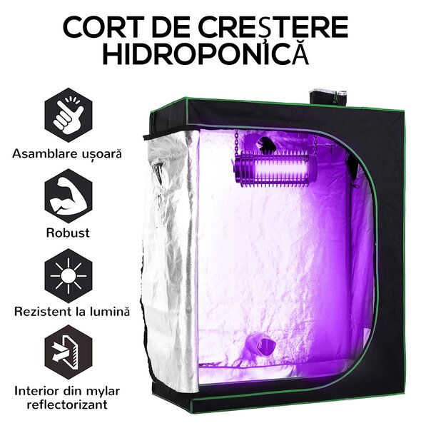 Outsunny Cort Hidroponic pentru Cultivare din Oxford 600D cu 3 Prize de Aer Reglabile și Fereastră, 120x60x150 cm, Negru | Aosom Romania