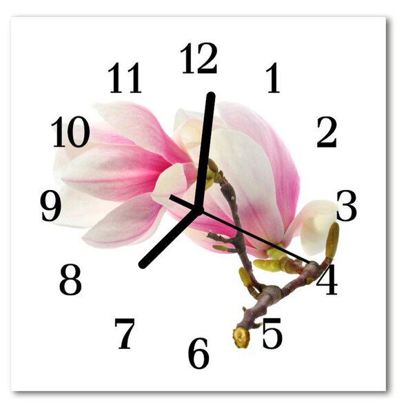 Ceas de perete din sticla pătrat Magnolia Blossom Flori și plante roz