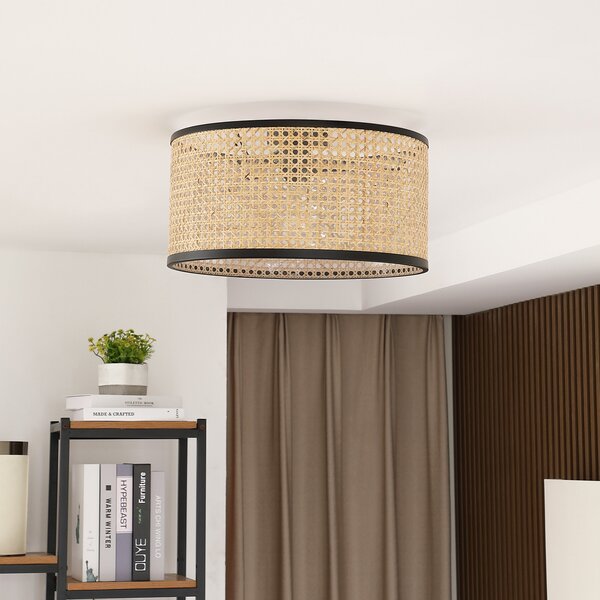 Lindby plafonieră Yaelle, Ø 40 cm, ratan, negru, E27, reglabil, Lemn, Camera de zi / sufragerie, Lemn, Casă de țară / Rustic