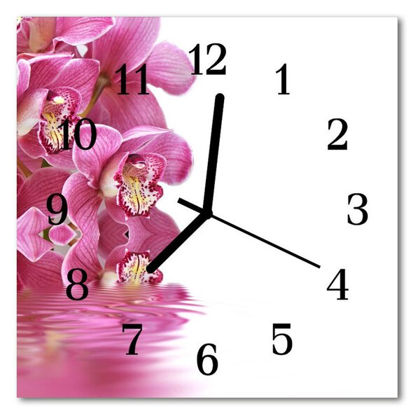 Ceas de perete din sticla pătrat Orchid Flori și plante roz