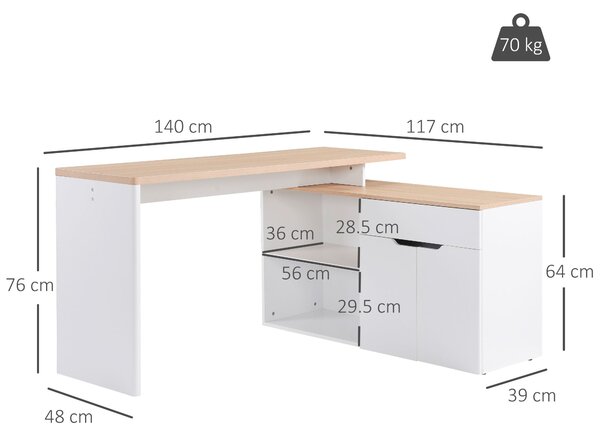 HOMCOM Birou cu Blat Extensibil pentru PC și Bibliotecă, 140x117x76 cm, Alb | Aosom Romania