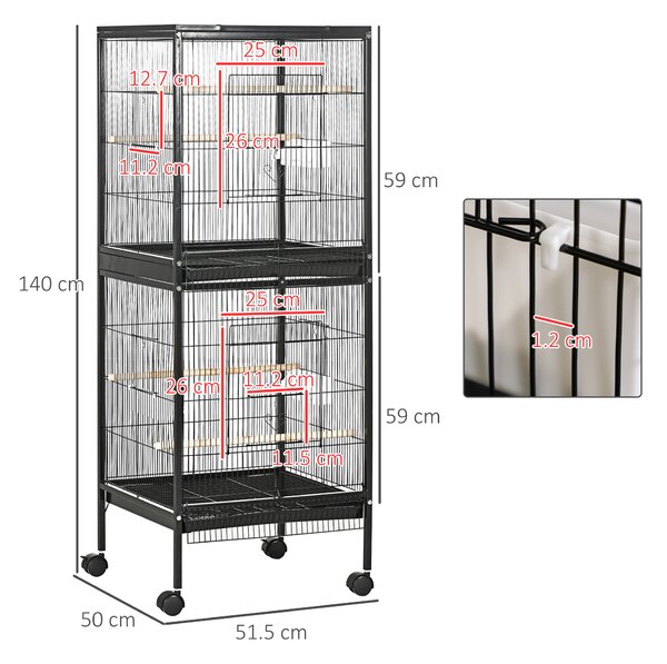 PawHut Colivie pentru Păsări cu 4 Roți Pivotante, Tăvi Detașabile și Recipiente din Plastic, 51.5x50x140 cm, Negru | Aosom Romania