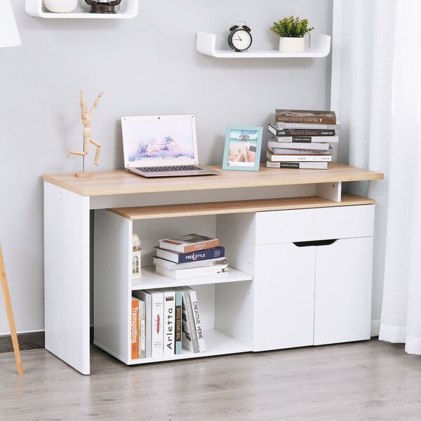 HOMCOM Birou cu Blat Extensibil pentru PC și Bibliotecă, 140x117x76 cm, Alb | Aosom Romania