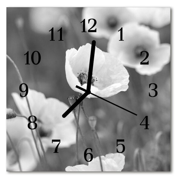 Ceas de perete din sticla pătrat Maci Flori & Plante Black & White