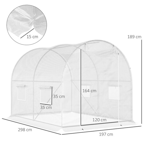 Outsunny Seră Tunel cu 4 Ferestre şi Usă Rulantă cu Fermoar, Seră pentru Plante din Oţel Zincat şi Polietilenă, 3x2x1.9 m, Alb | Aosom Romania