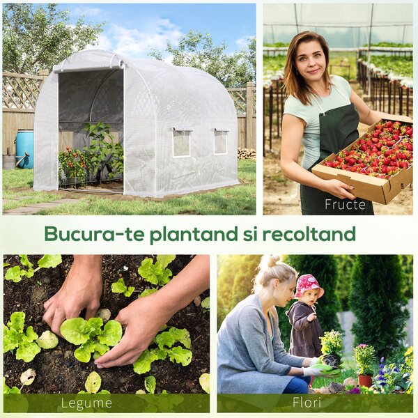 Outsunny Seră Tunel cu 4 Ferestre şi Usă Rulantă cu Fermoar, Seră pentru Plante din Oţel Zincat şi Polietilenă, 3x2x1.9 m, Alb | Aosom Romania
