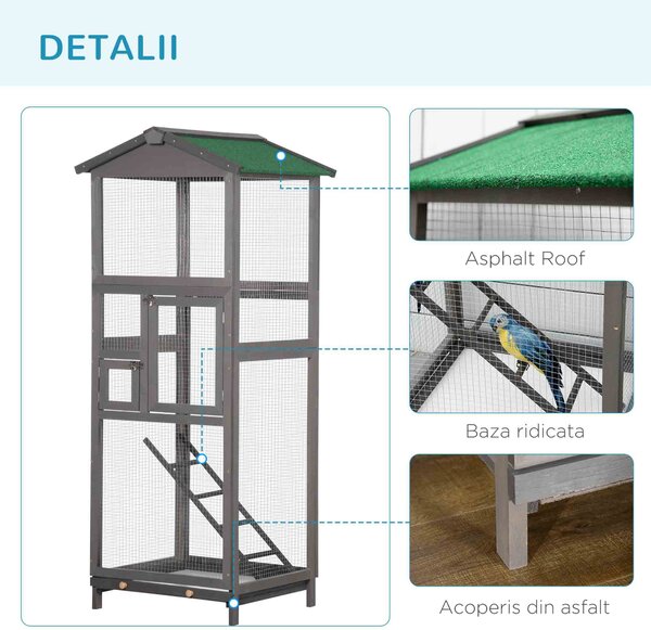 PawHut Colivie pentru Păsări din Lemn și Plasă Metalică cu 2 Uși și Tavă Detașabilă, 68x63x165 cm, Gri Deschis | Aosom Romania