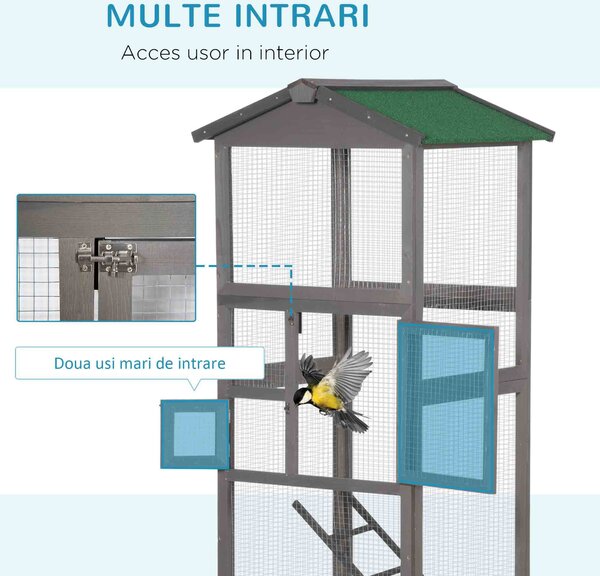 PawHut Colivie pentru Păsări din Lemn și Plasă Metalică cu 2 Uși și Tavă Detașabilă, 68x63x165 cm, Gri Deschis | Aosom Romania