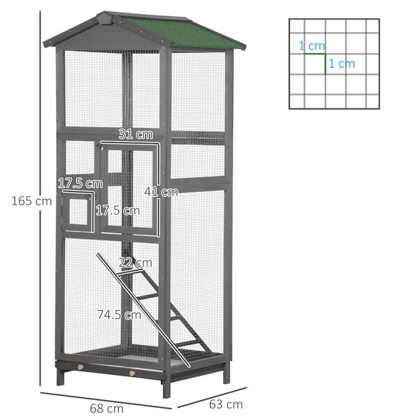 PawHut Colivie pentru Păsări din Lemn și Plasă Metalică cu 2 Uși și Tavă Detașabilă, 68x63x165 cm, Gri Deschis | Aosom Romania