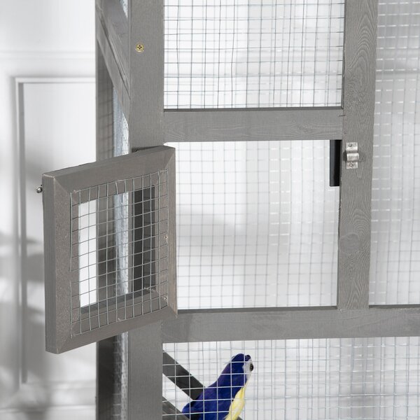 PawHut Colivie pentru Păsări din Lemn și Plasă Metalică cu 2 Uși și Tavă Detașabilă, 68x63x165 cm, Gri Deschis | Aosom Romania