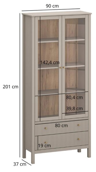 Vitrina pentru living KLEO, taupe, PAL laminat, cu iluminare LED, 90x3