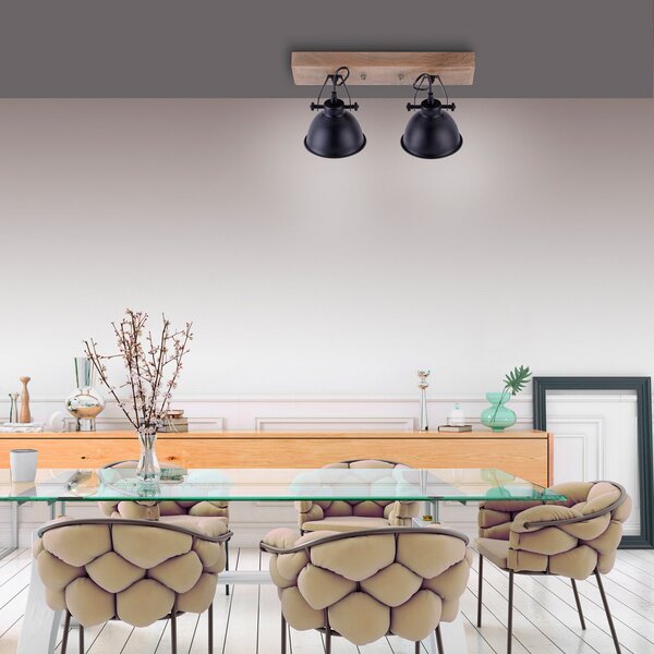 JUST LIGHT. GmbH Samia plafonieră, 2 becuri, lemn de mango, negru, reglabil, Lemn, Camera de zi / sufragerie, Lemn, Design industrial, Plafon semicircular cu spațiere