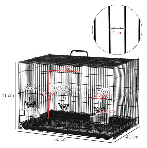 PawHut Colivie pentru Păsări cu 2 Stinghii, 3 Intrări, Tavă și 2 Recipiente pentru Hrană, 60x41x41 cm, Negru | Aosom Romania
