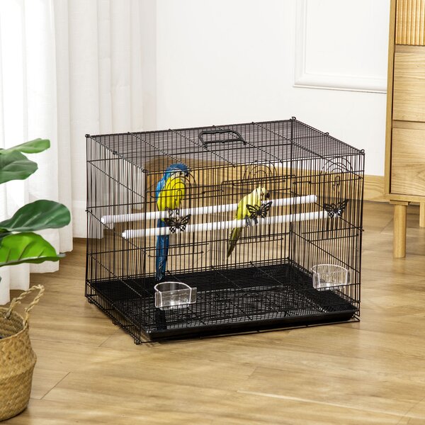 PawHut Colivie pentru Păsări cu 2 Stinghii, 3 Intrări, Tavă și 2 Recipiente pentru Hrană, 60x41x41 cm, Negru | Aosom Romania