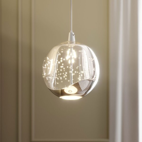 Lucande Lampă suspendată LED Hayley, Ø 9 cm, crom, sticlă, Transparent, Camera de zi / sufragerie, Sticlă, Modern