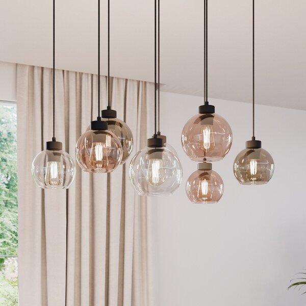 TK Lighting Lampă suspendată Cubus, 68 cm, 8 becuri, transparentă/miere/maro, sticlă, reglabil, Multicolor, Camera de zi / sufragerie, Sticlă, Modern
