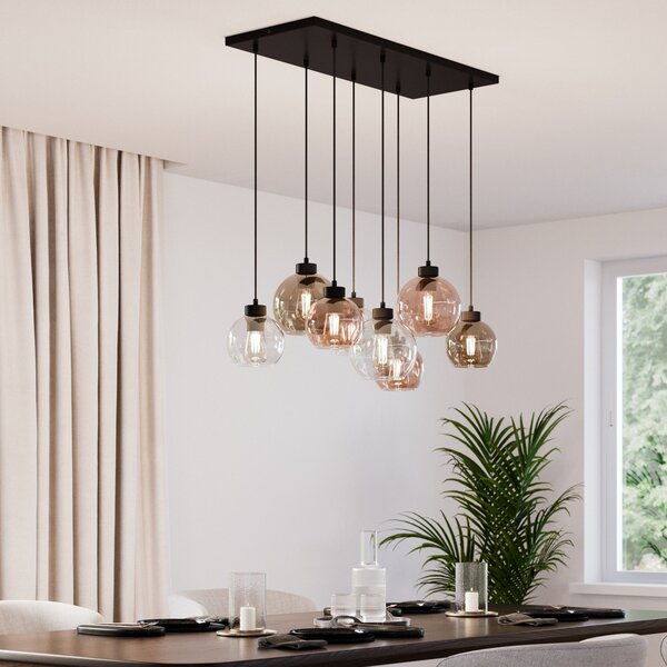 TK Lighting Lampă suspendată Cubus, 68 cm, 8 becuri, transparentă/miere/maro, sticlă, reglabil, Multicolor, Camera de zi / sufragerie, Sticlă, Modern