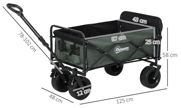Outsunny Cărucior Pliabil de Grădină cu Deschidere Posterioară, Roți, Buzunare de Depozitare și Mâner, 125x48x78-102 cm, Verde | Aosom Romania