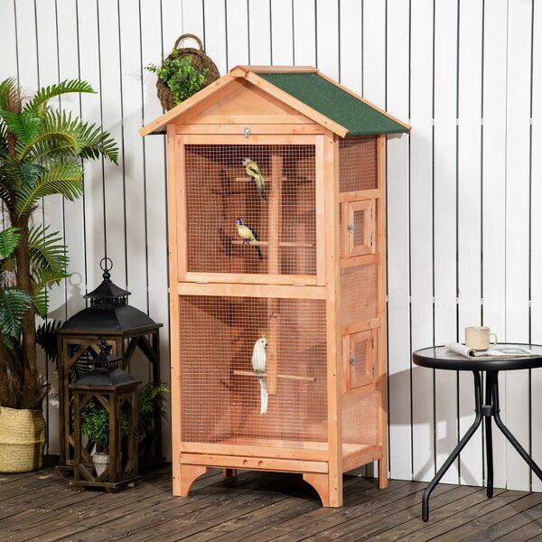 PawHut Colivie pentru Păsări cu 3 Deschideri cu Blocare, 4 Stinghii și Tavă Detașabilă, 80.5x57x153 cm, Portocaliu | Aosom Romania
