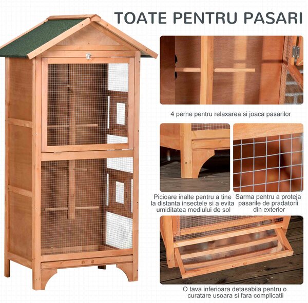 PawHut Colivie pentru Păsări cu 3 Deschideri cu Blocare, 4 Stinghii și Tavă Detașabilă, 80.5x57x153 cm, Portocaliu | Aosom Romania