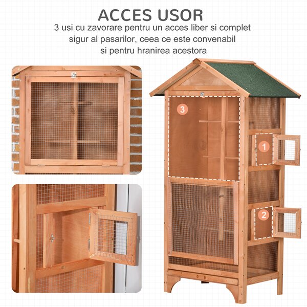 PawHut Colivie pentru Păsări cu 3 Deschideri cu Blocare, 4 Stinghii și Tavă Detașabilă, 80.5x57x153 cm, Portocaliu | Aosom Romania