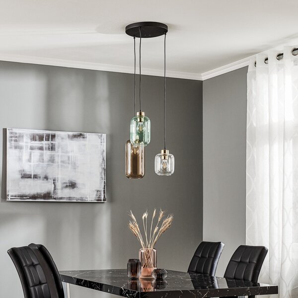 TK Lighting Lampă suspendată Marco Green, 3 becuri, transparent/verde/maro, reglabil, Transparent, Camera de zi / sufragerie, Sticlă, Modern