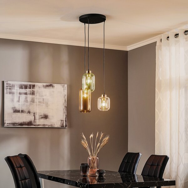TK Lighting Lampă suspendată Marco Green, 3 becuri, transparent/verde/maro, reglabil, Transparent, Camera de zi / sufragerie, Sticlă, Modern