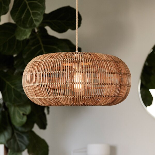 PR Home Lampă suspendată Zuri din rattan, Ø 51 cm, reglabil, Lemn, Camera de zi / sufragerie, Lemn