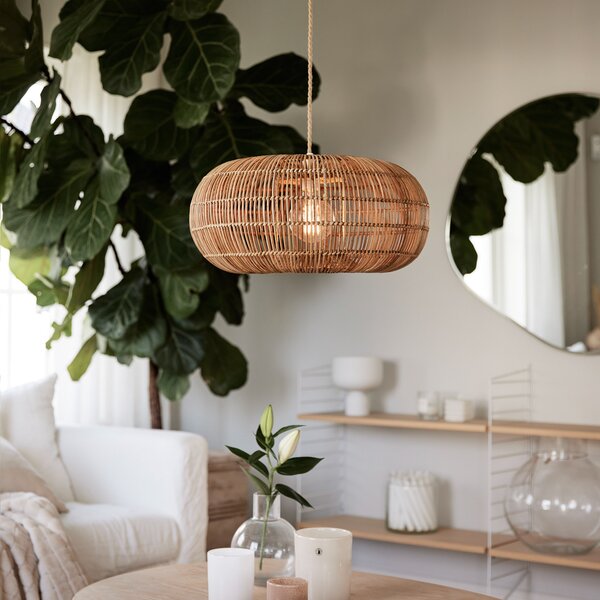 PR Home Lampă suspendată Zuri din rattan, Ø 51 cm, reglabil, Lemn, Camera de zi / sufragerie, Lemn