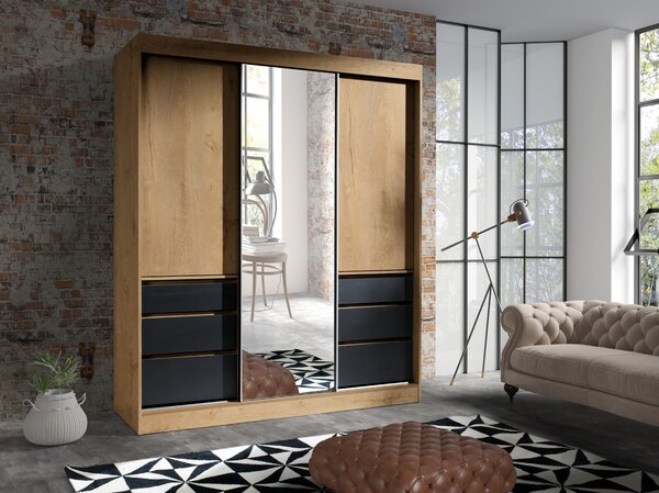 Dulap de haine Hanila 180 (Stejar lefkas + negru). Promo -16%. 1018065