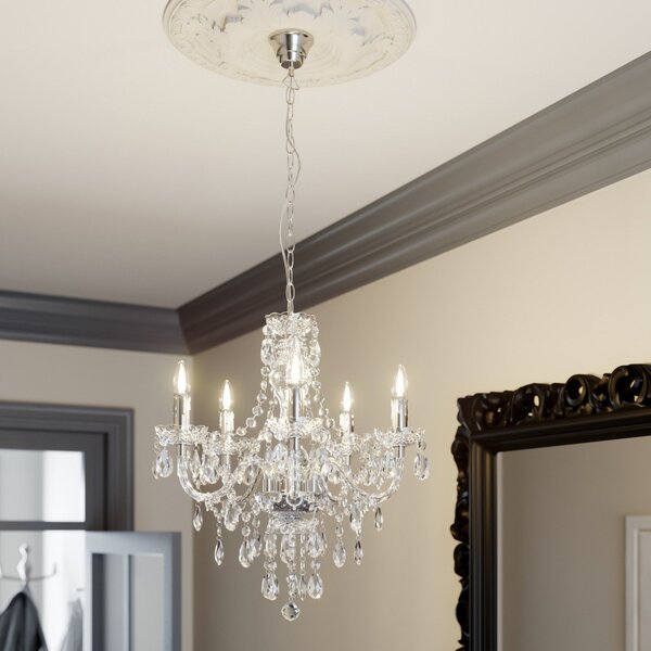 Lindby Candelabru Merida, crom, metal, 5 becuri, Ø 52 cm, reglabil, Metalic, Camera de zi / sufragerie, Metal, Antichitate