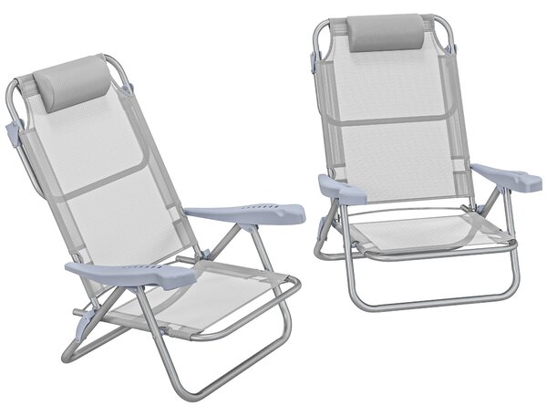 Outsunny Set 2 Scaune de Camping Pliabile cu Tetieră Căptușită și Spătar Reglabil în 6 Poziții, 62x65x80 cm, Gri Deschis | Aosom Romania