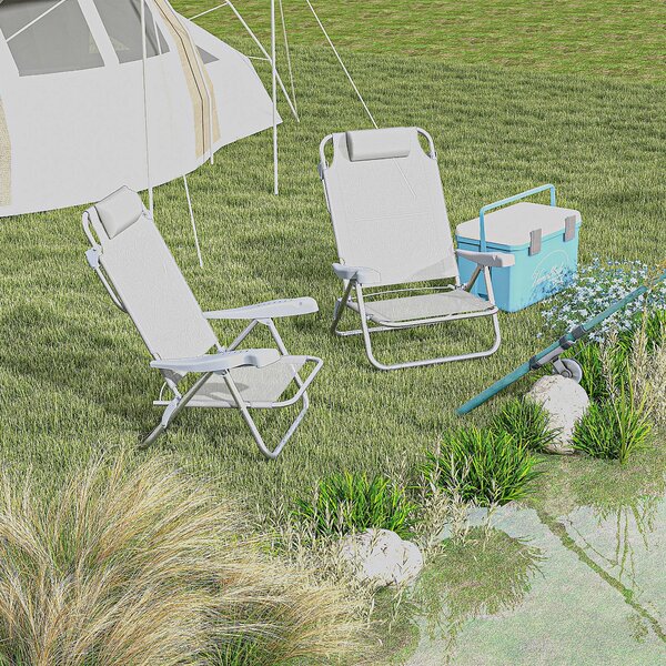 Outsunny Set 2 Scaune de Camping Pliabile cu Tetieră Căptușită și Spătar Reglabil în 6 Poziții, 62x65x80 cm, Gri Deschis | Aosom Romania