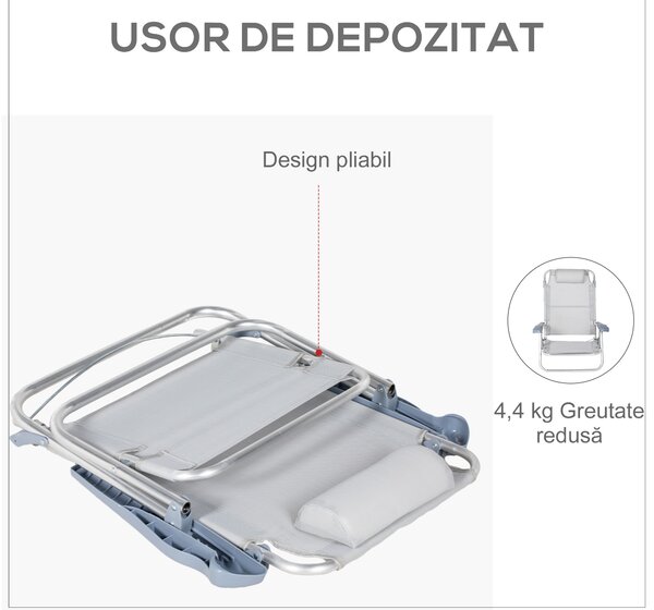 Outsunny Set 2 Scaune de Camping Pliabile cu Tetieră Căptușită și Spătar Reglabil în 6 Poziții, 62x65x80 cm, Gri Deschis | Aosom Romania
