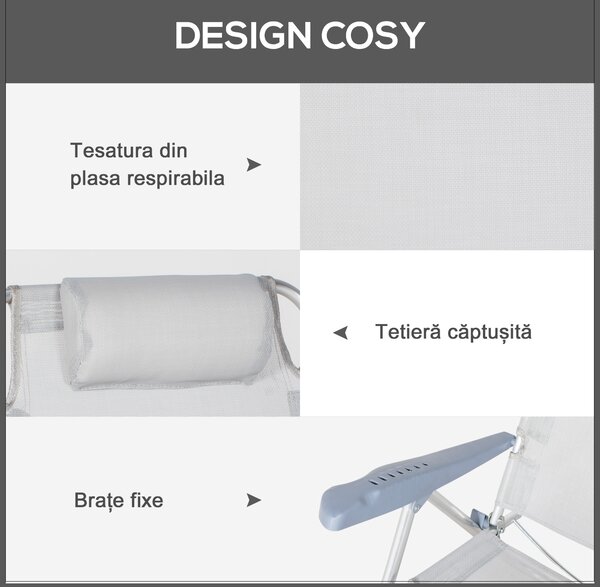 Outsunny Set 2 Scaune de Camping Pliabile cu Tetieră Căptușită și Spătar Reglabil în 6 Poziții, 62x65x80 cm, Gri Deschis | Aosom Romania