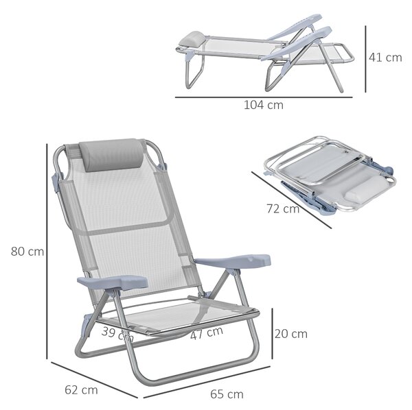 Outsunny Set 2 Scaune de Camping Pliabile cu Tetieră Căptușită și Spătar Reglabil în 6 Poziții, 62x65x80 cm, Gri Deschis | Aosom Romania