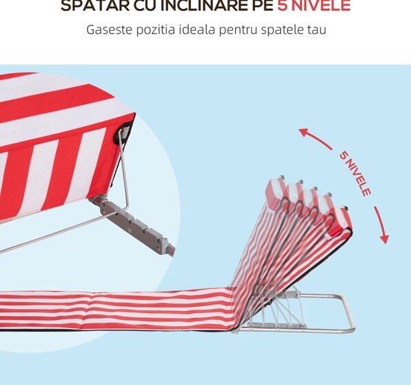 Outsunny Set 2 Șezlonguri de Plajă cu Spătar Reglabil în 5 Poziții, Tetieră și Geantă de Transport, 124x53x45 cm, Roșu | Aosom Romania